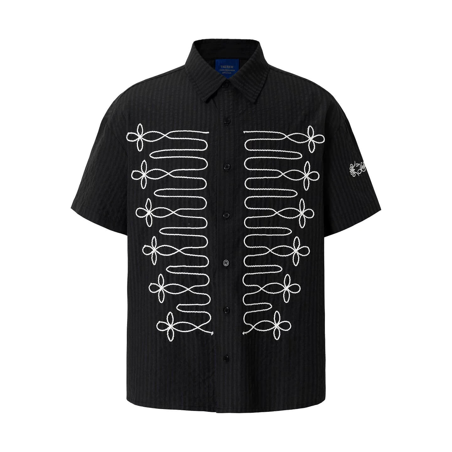 YADcrew Braid Embroidered Striped Seersucker Short Sleeve Shirt