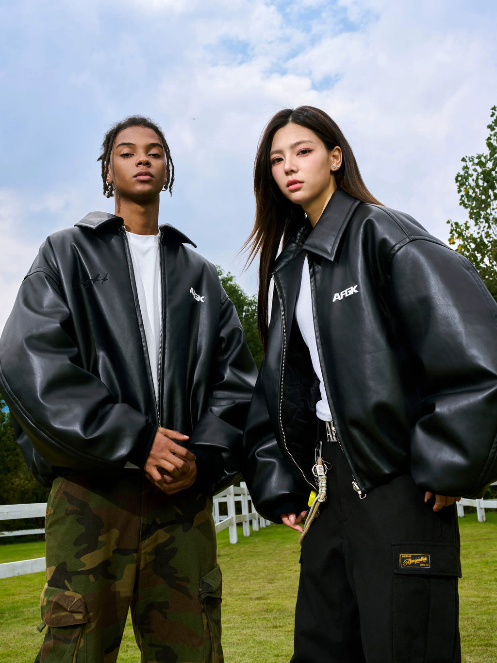 AFGK Embroidered Leather Short Bomber Jacket