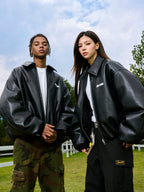 AFGK Embroidered Leather Short Bomber Jacket