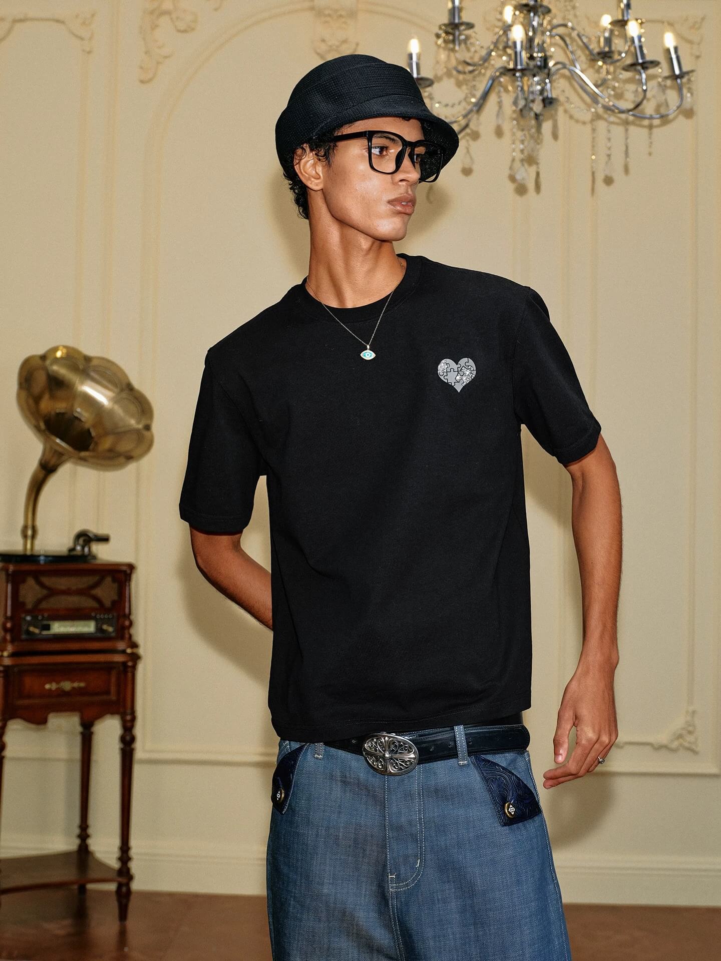 YADcrew Heart Puzzle Logo Print Rhinestone Tee