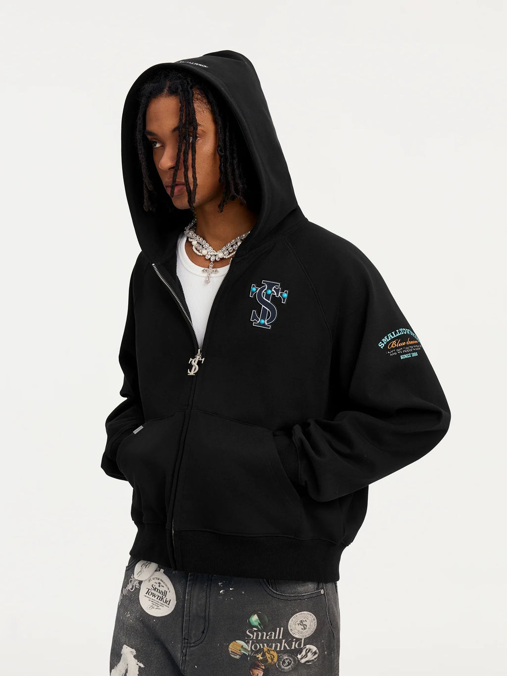 Small Town Kid Turquoise Studded Badge Embroidered Zip-Up Hoodie
