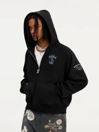 Small Town Kid Turquoise Studded Badge Embroidered Zip-Up Hoodie