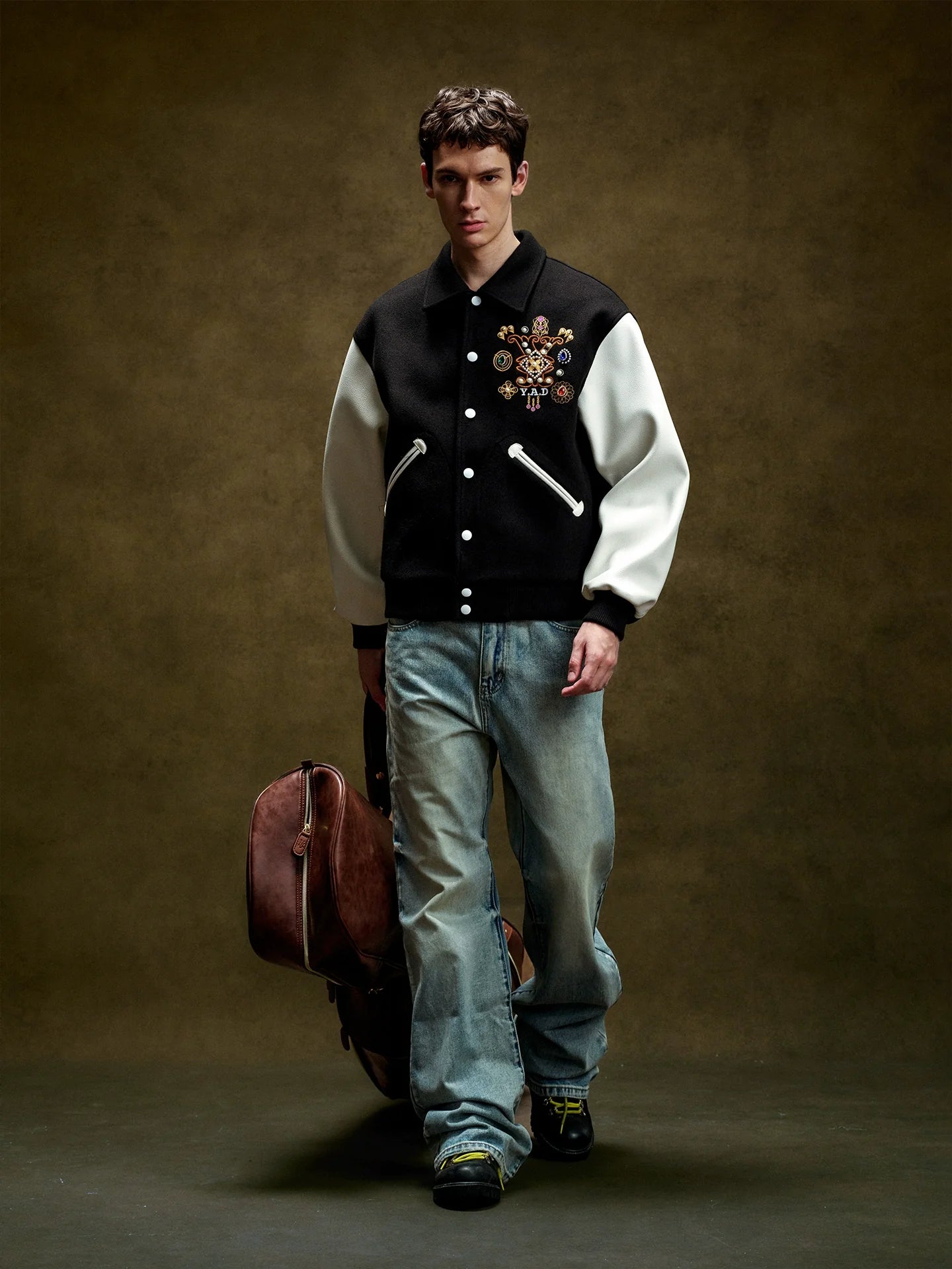 YADcrew Colorful Gemstone Cross Varsity Jacket