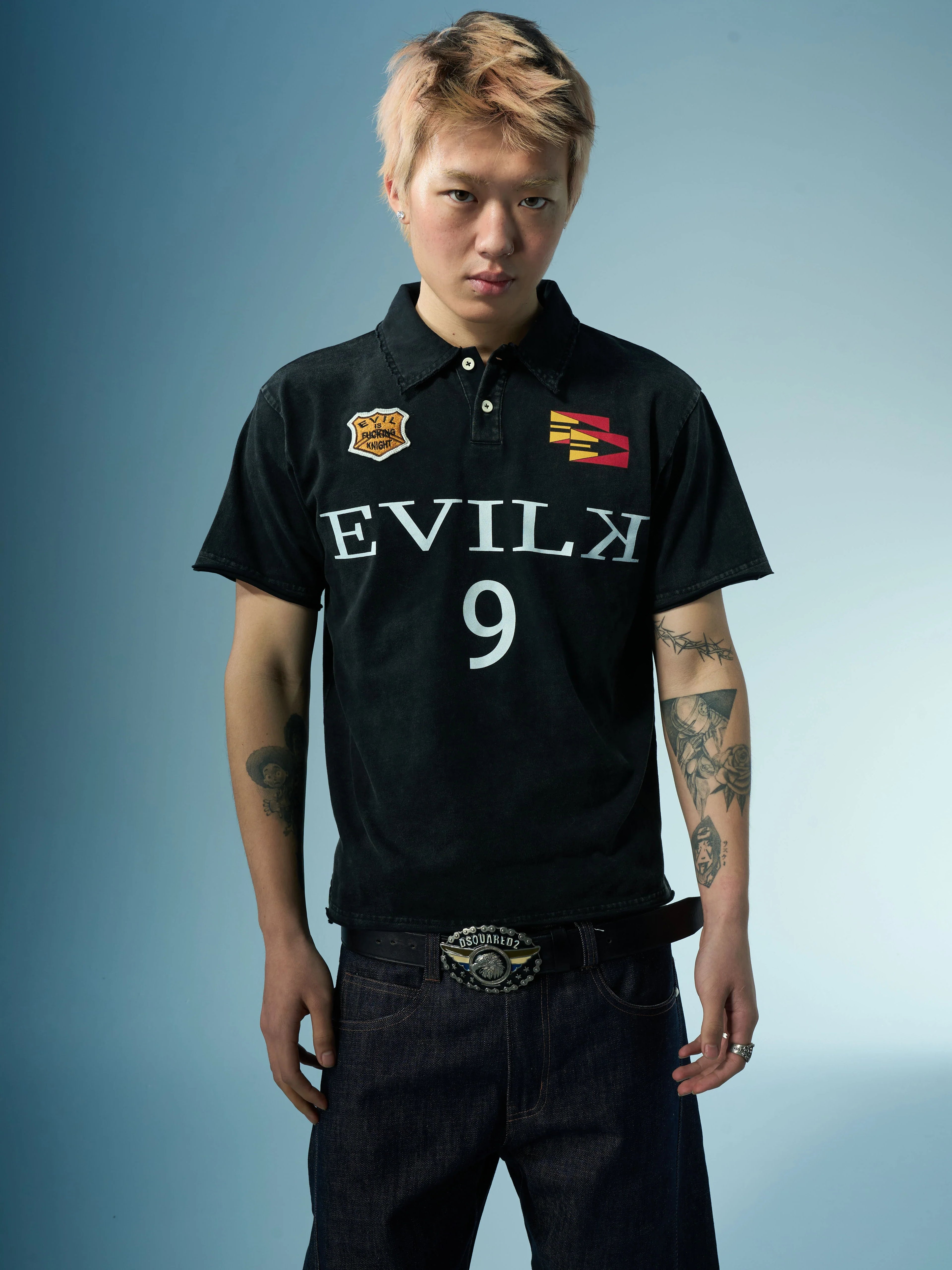 EVILKNIGHT(EK) Embroidered and Logo Printed Washed Polo