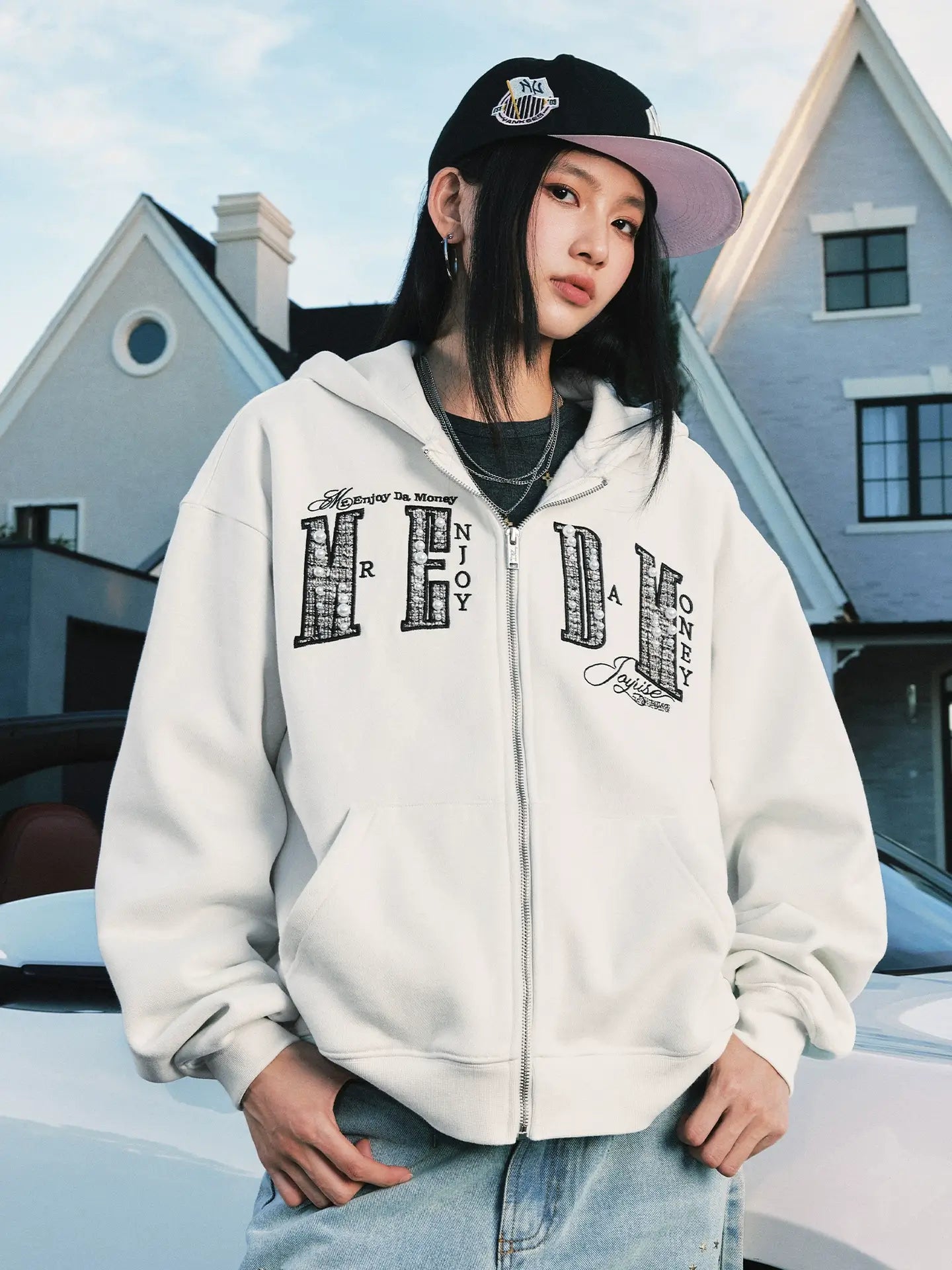 MEDM Pearl Logo Embellished Zip Up Hoodie