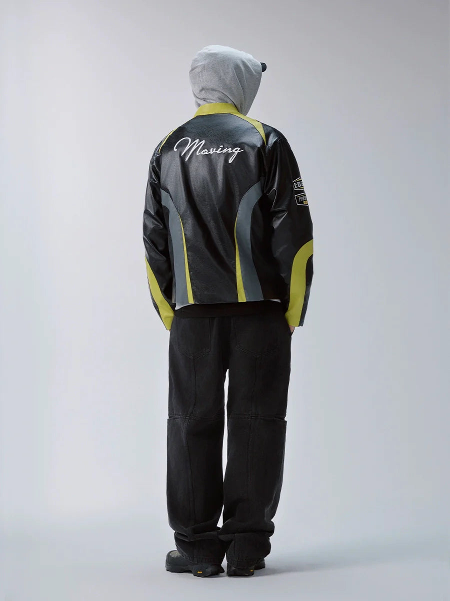F2CE Color Block PU Leather Racing Jacket