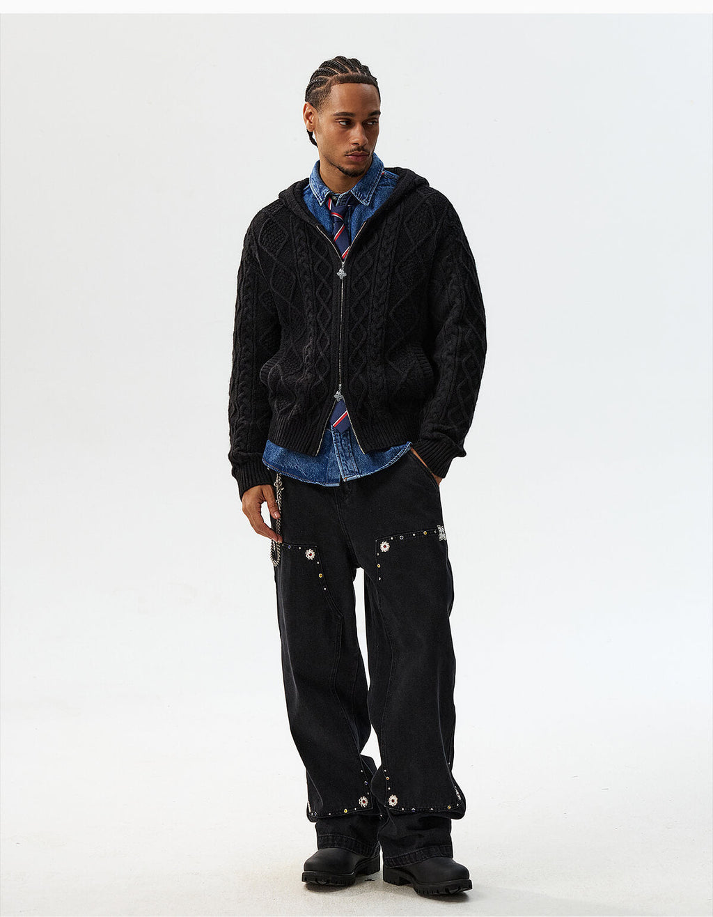 MEDM Hooded Cable Knit Zip Up Cardigan