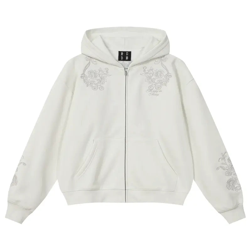 MEDM Patterned Flower Embroidered Zip Up Hoodie