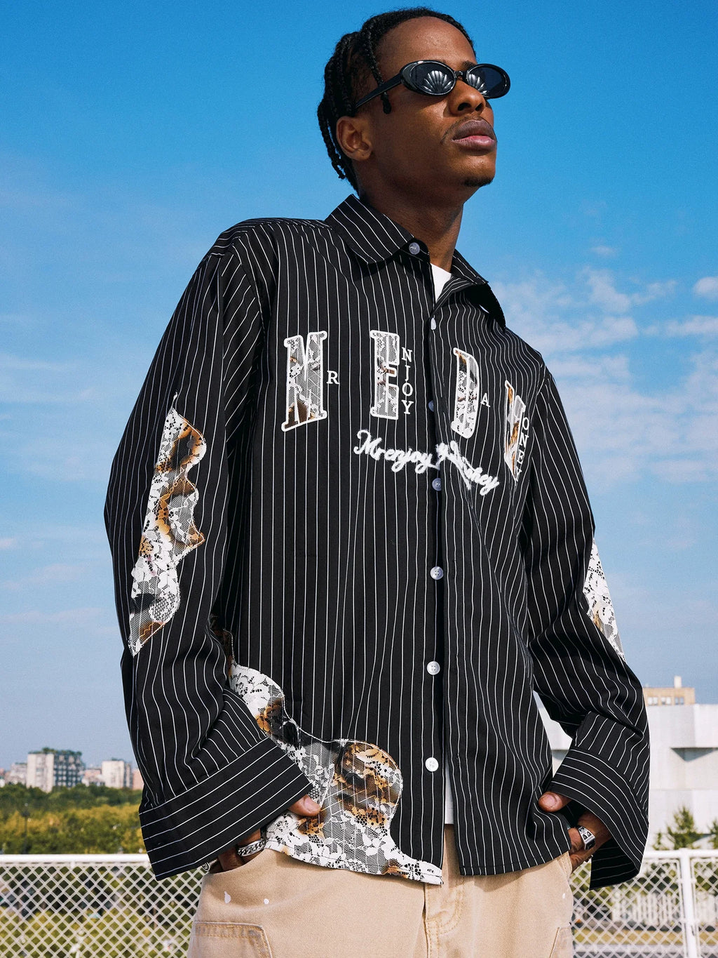 MEDM Lace Embroidered Striped Long Sleeve Shirt