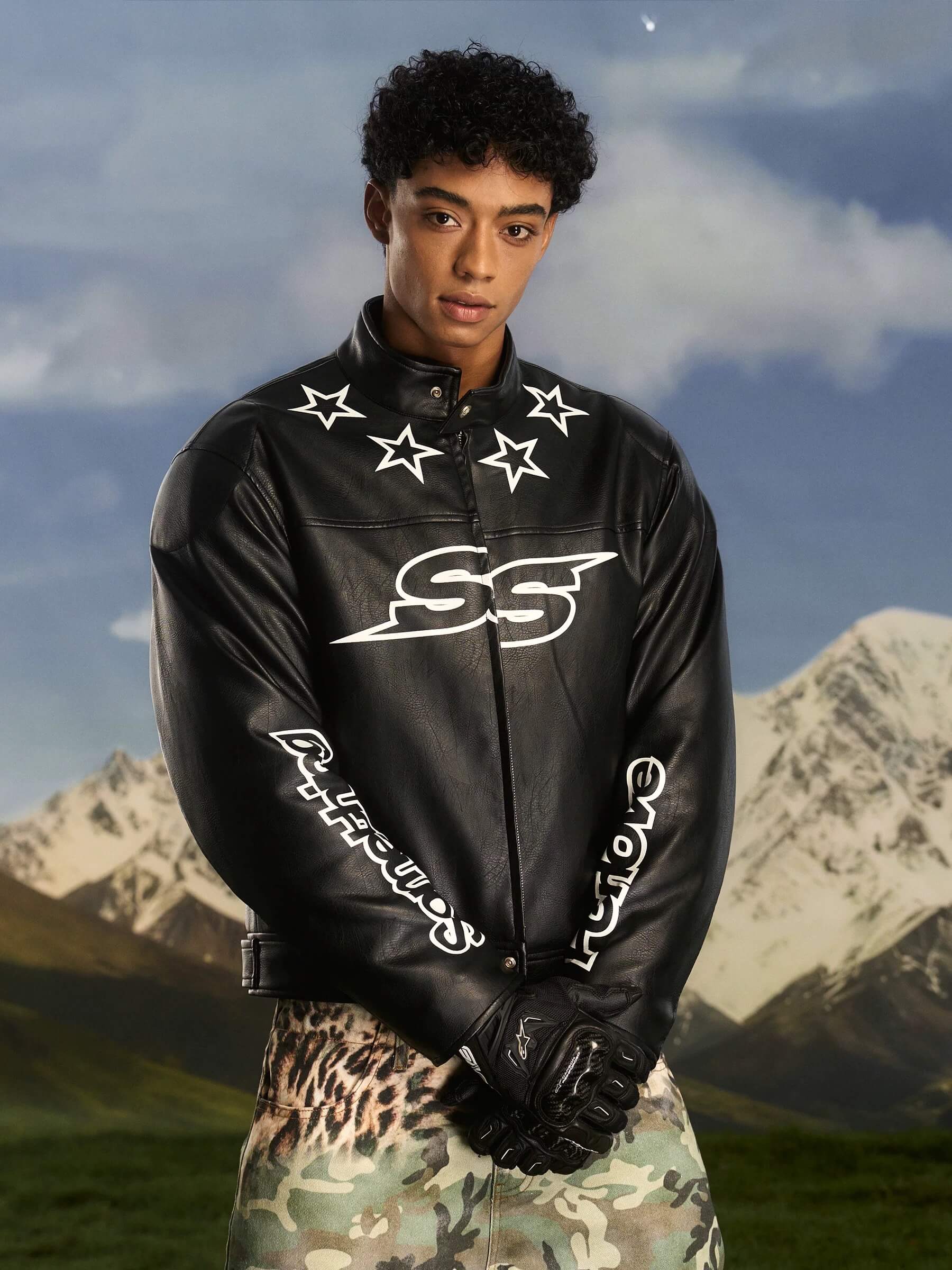 S45 Star Print PU Leather Leopard Lined Biker Jacket