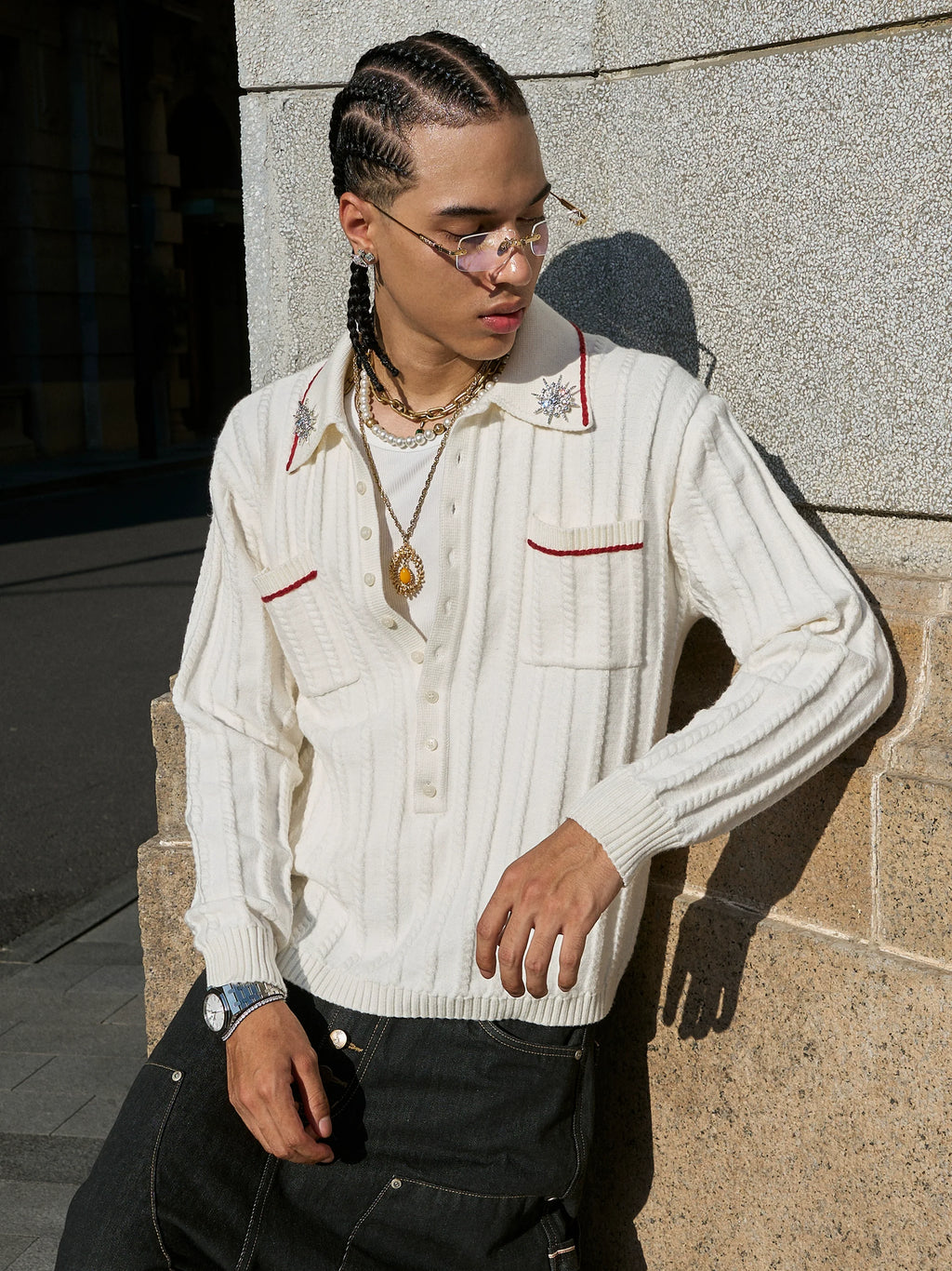 STEEPC Twisted Stripe Polo Knit Sweater