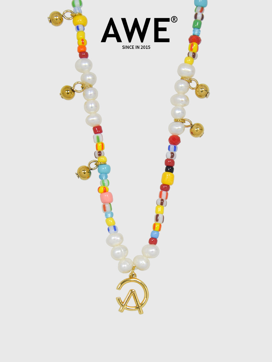 AWE AE Word Charm Color Beaded Pearl Necklace