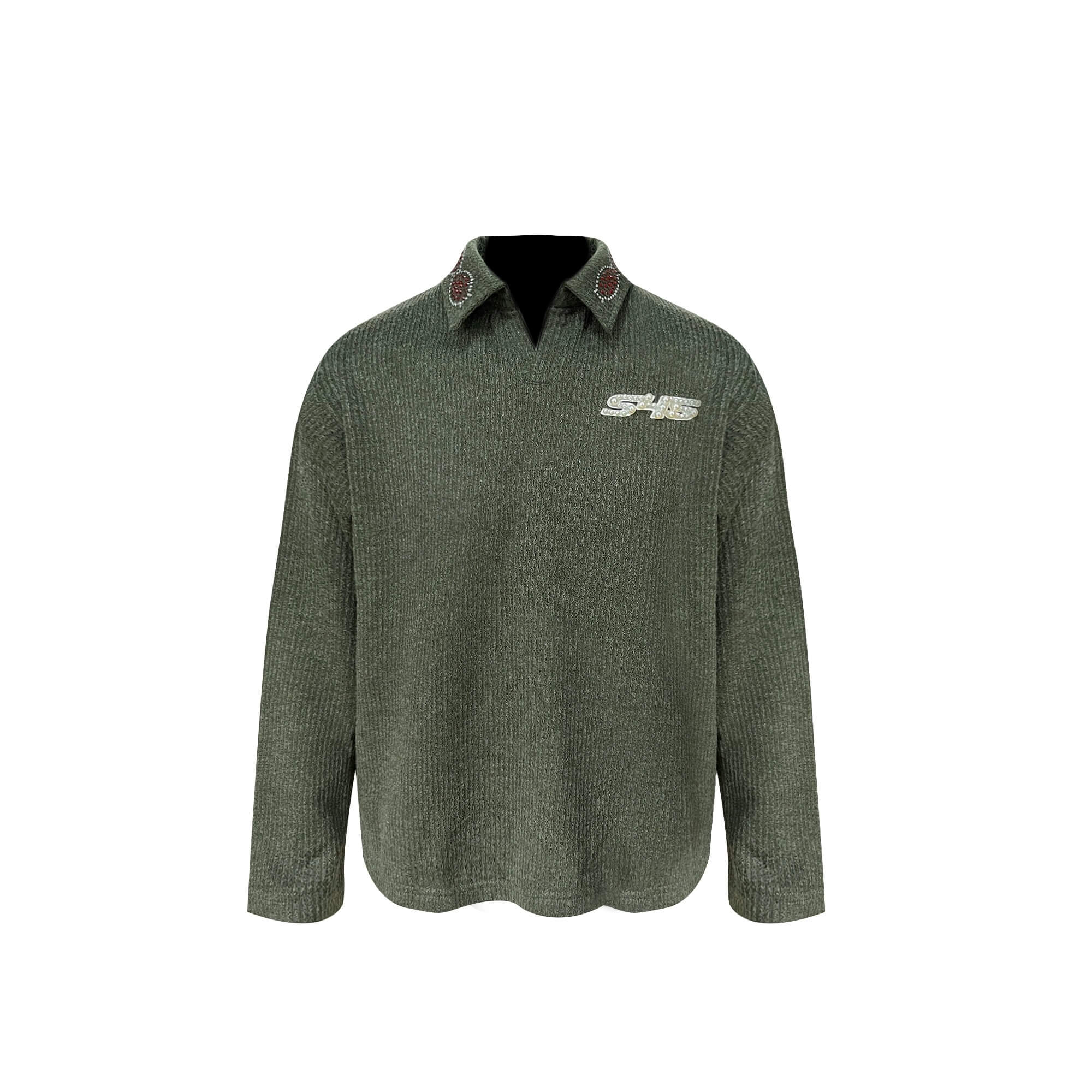 S45 Pearl and Rhinestone Long Sleeve Polo