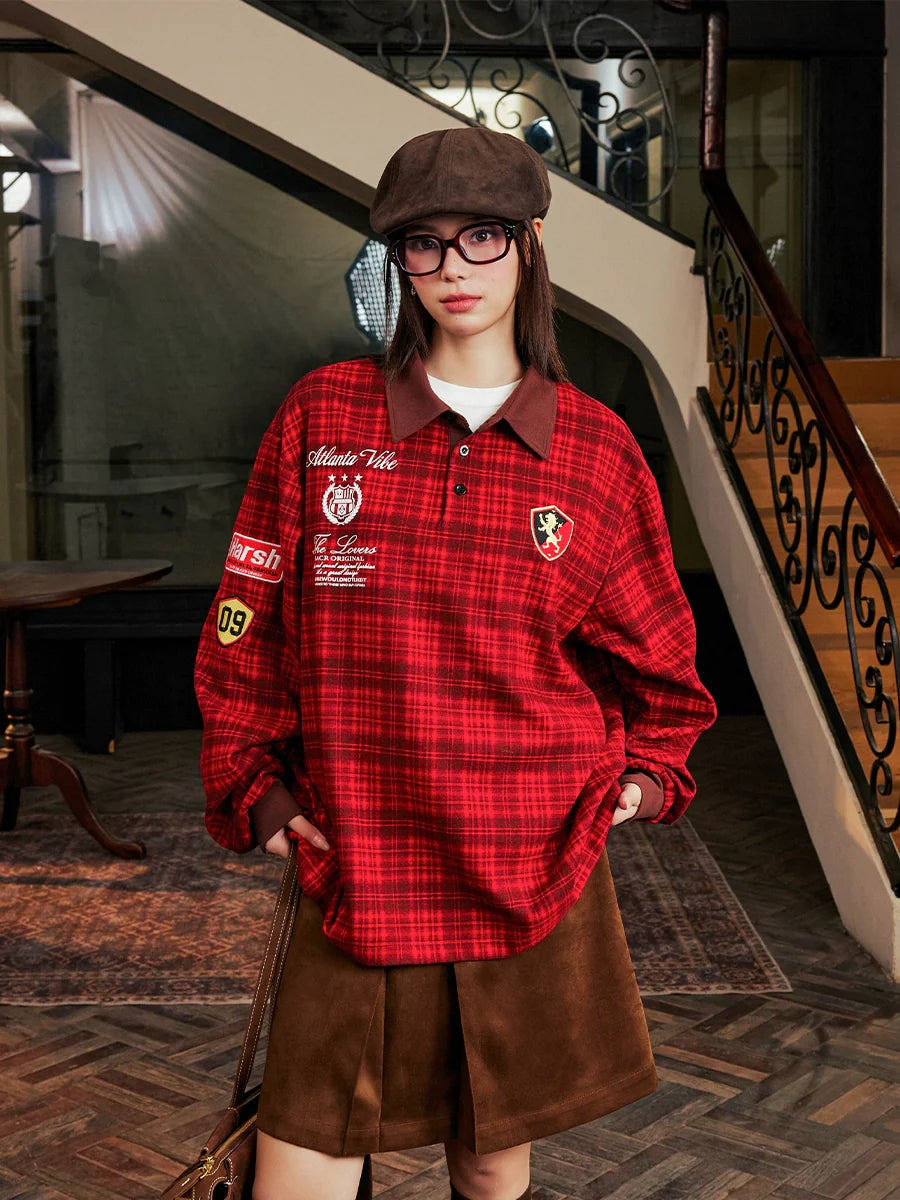 Harsh and Cruel Brushed Tartan Badge Embroidered Long Sleeve Polo