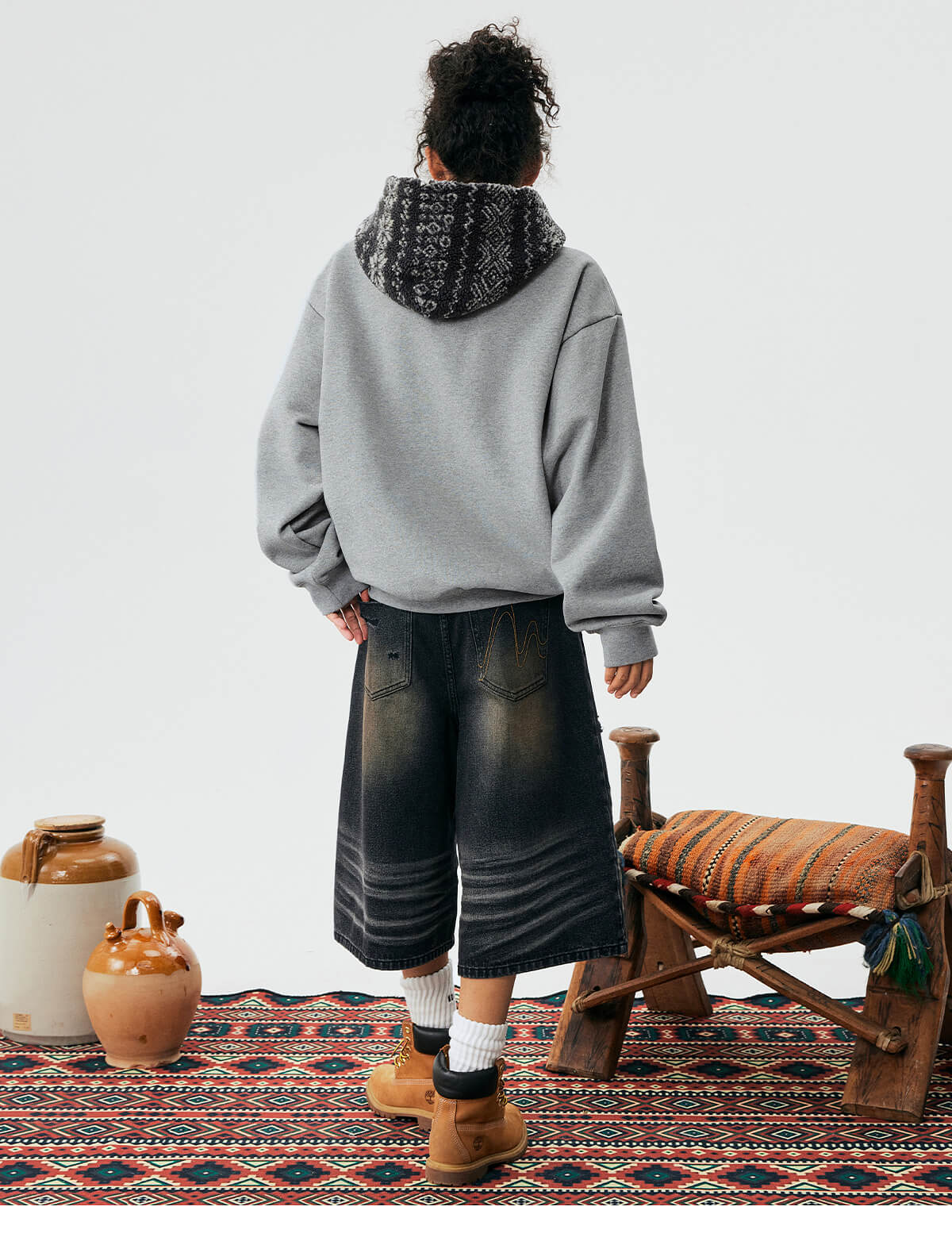 MEDM Patterned Sherpa Hood Patchwork Hoodie