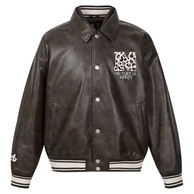 MEDM Leopard Patch Pearl PU Leather Varsity Jacket