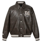 MEDM Leopard Patch Pearl PU Leather Varsity Jacket