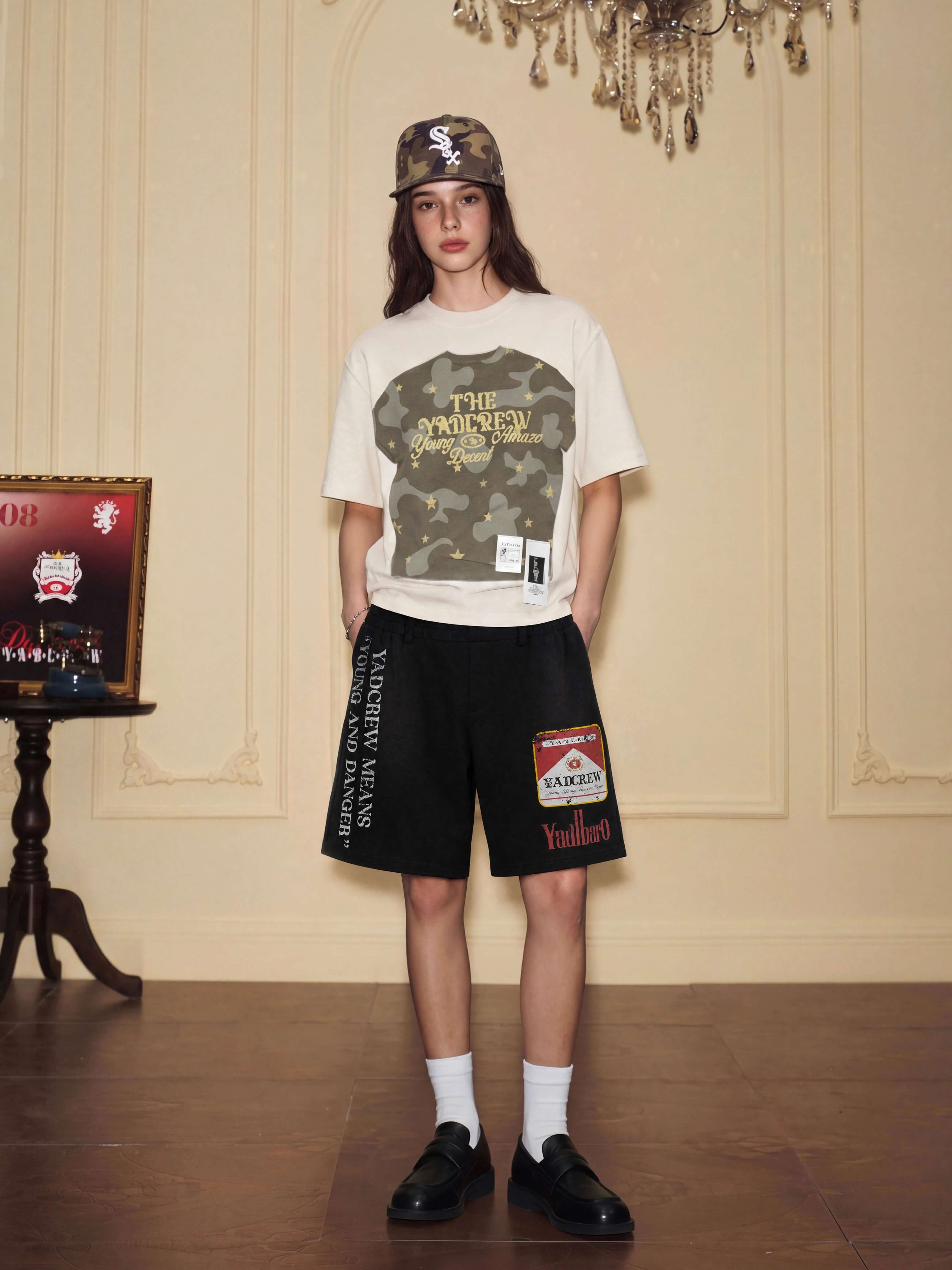 YADcrew Parody Print Washed Sweat Shorts