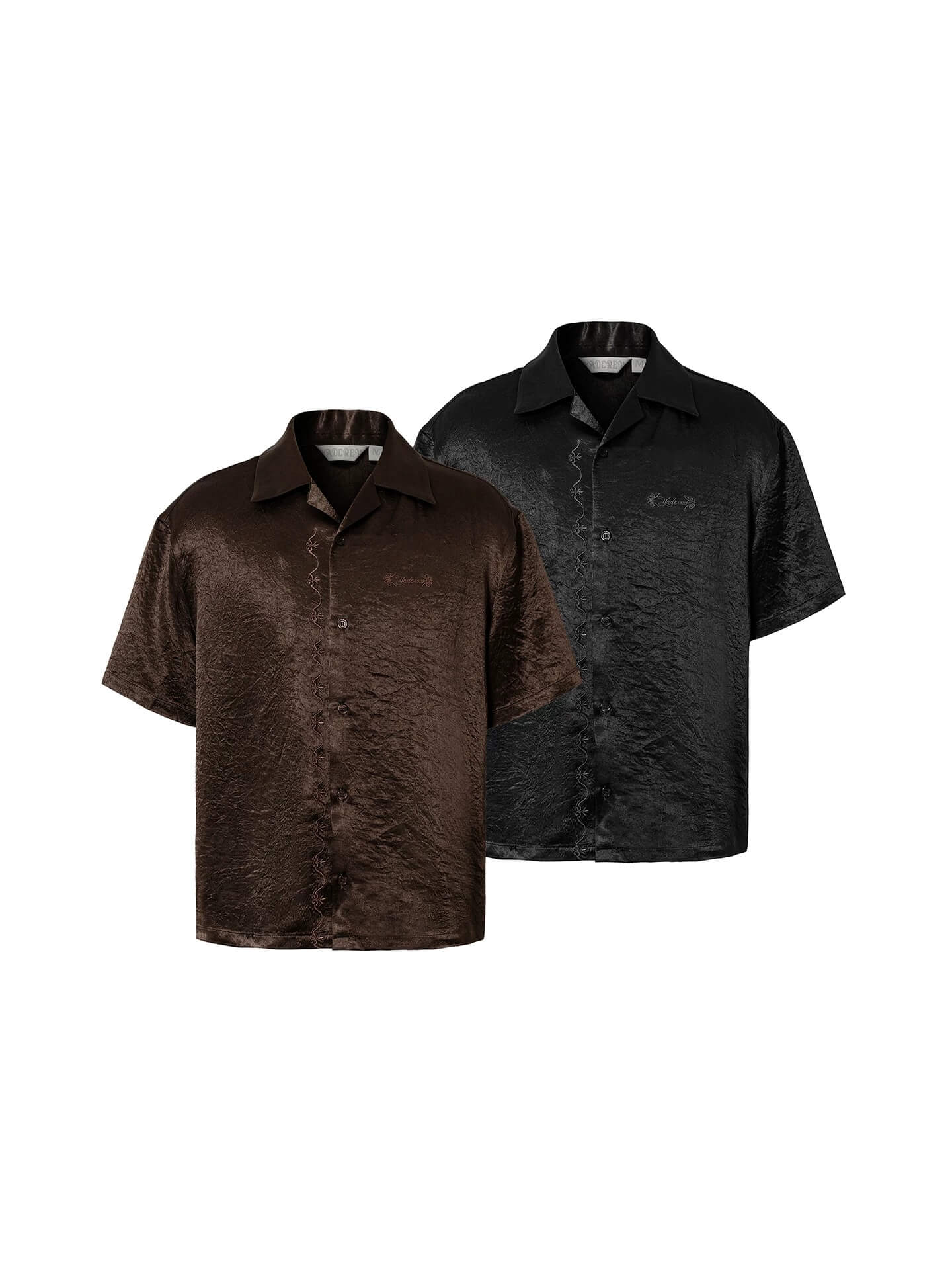 YADcrew Satin Embroidered Cuban Collar Short Sleeve Shirt