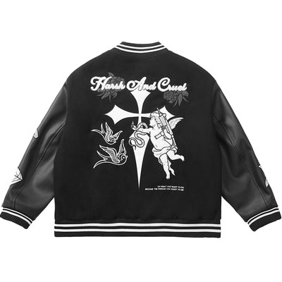 Harsh and Cruel Cross Angel Embroidered Varsity Jacket