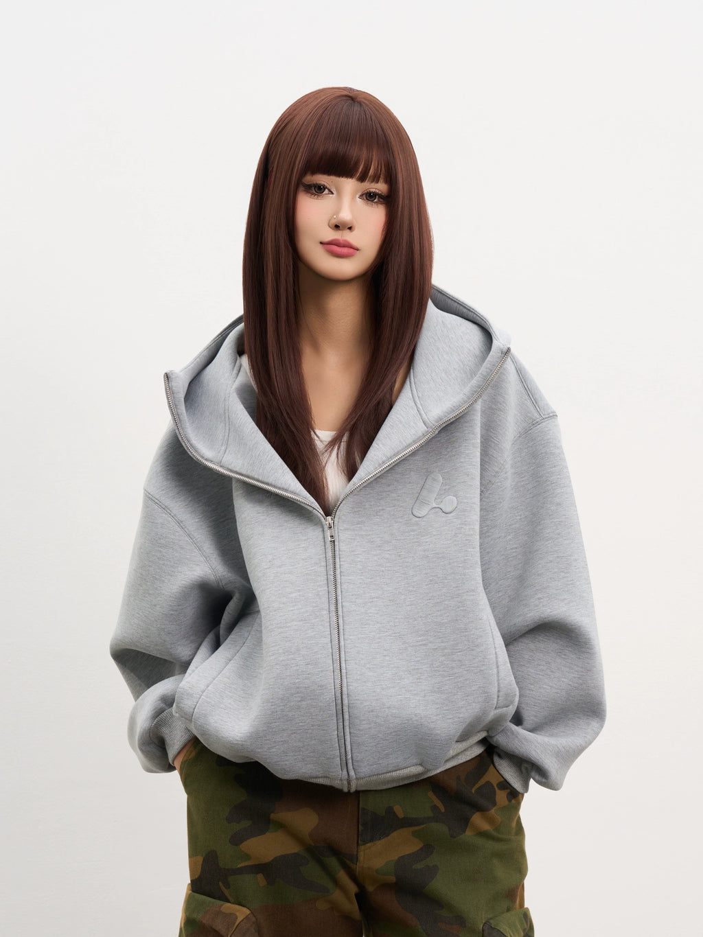 AFGK Air Layer High Collar Embroidered Oversized Zip-Up Hoodie