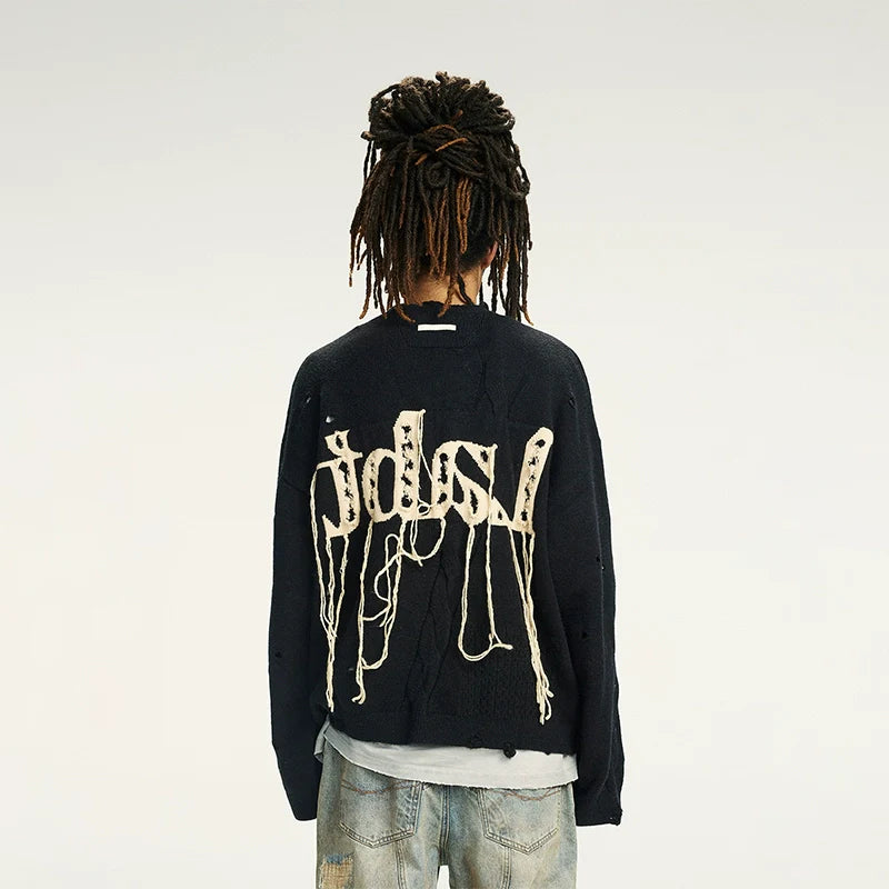Labt Fringe Lanyard Logo Distressed Knit Sweater
