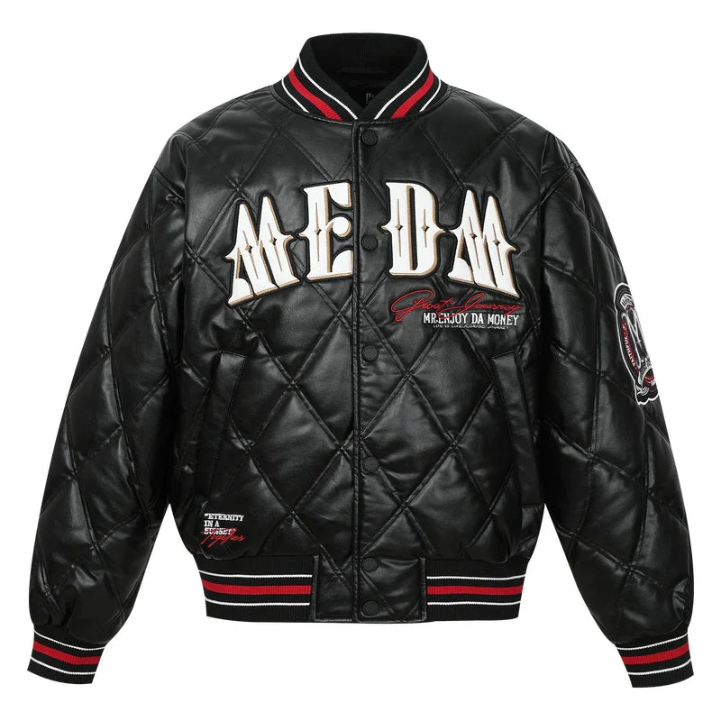 MEDM Diamond Quilted PU Leather Varsity Jacket