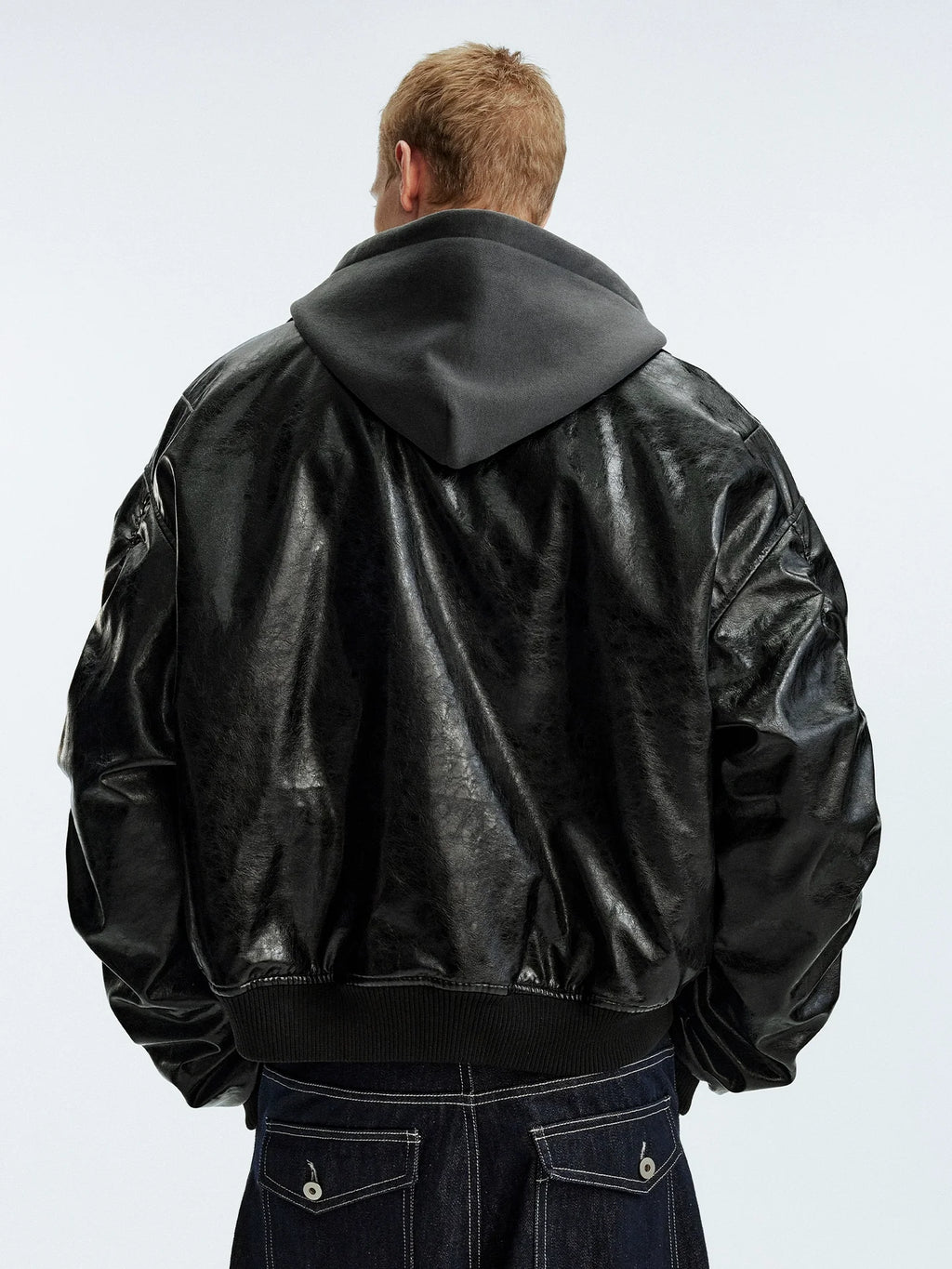 MEDM Layered Hood PU Leather Bomber Jacket