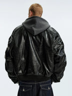 MEDM Layered Hood PU Leather Bomber Jacket