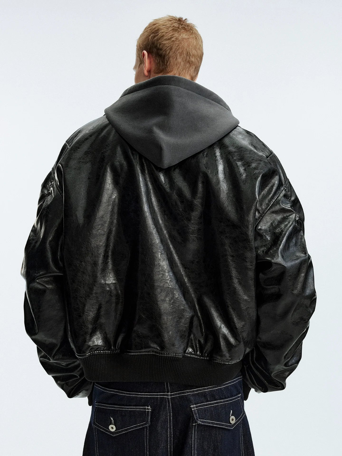 MEDM Layered Hood PU Leather Bomber Jacket