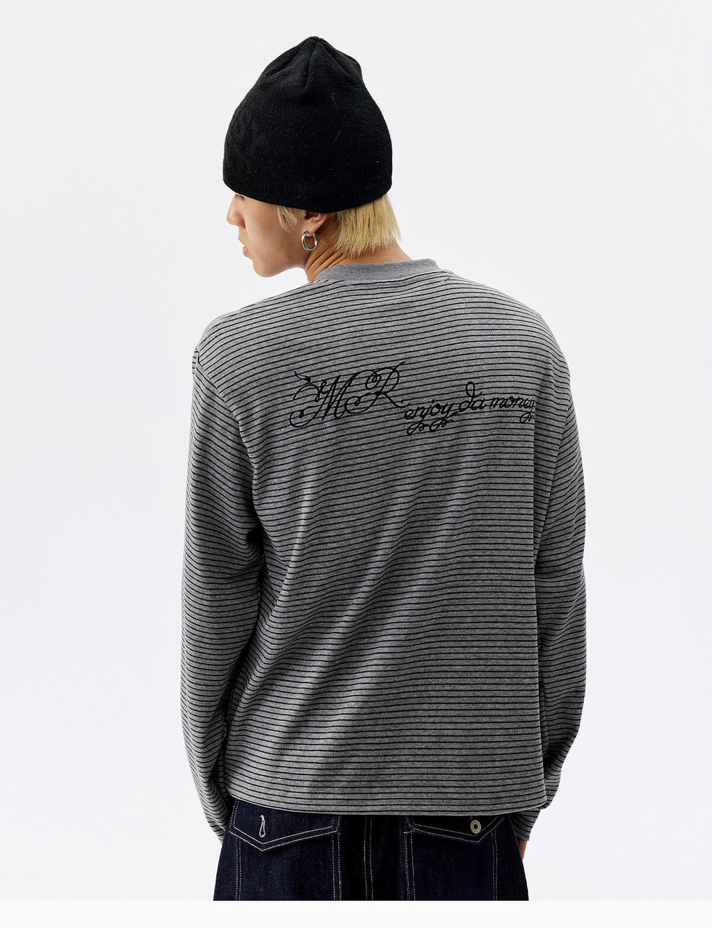MEDM Rose Embroidered Striped Henley Long Sleeve Tee