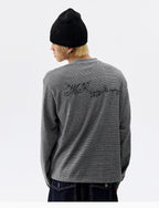MEDM Rose Embroidered Striped Henley Long Sleeve Tee