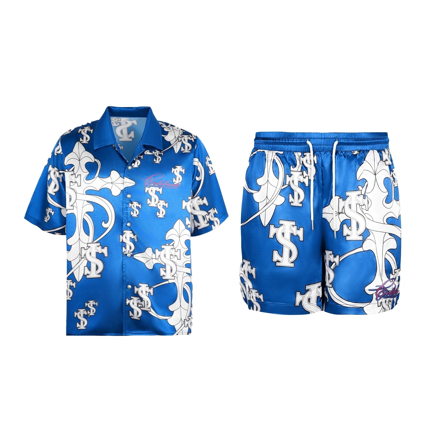 Small Town Kid Monogram Cross Logo Satin Cuban Shirt Set