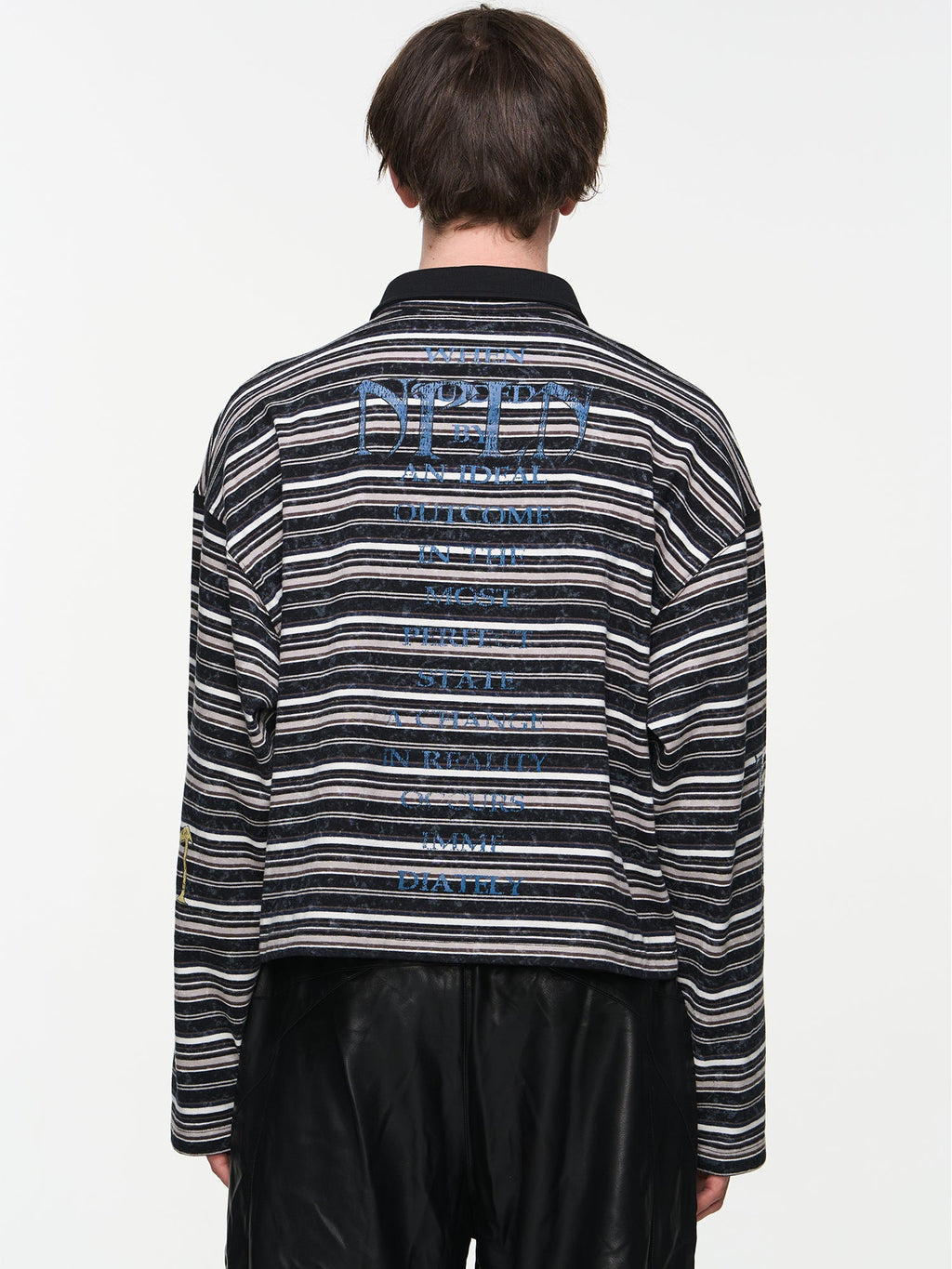 BLIND NO PLAN Washed Distressed Stripe Crackle Print Long Sleeve Polo