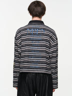 BLIND NO PLAN Washed Distressed Stripe Crackle Print Long Sleeve Polo