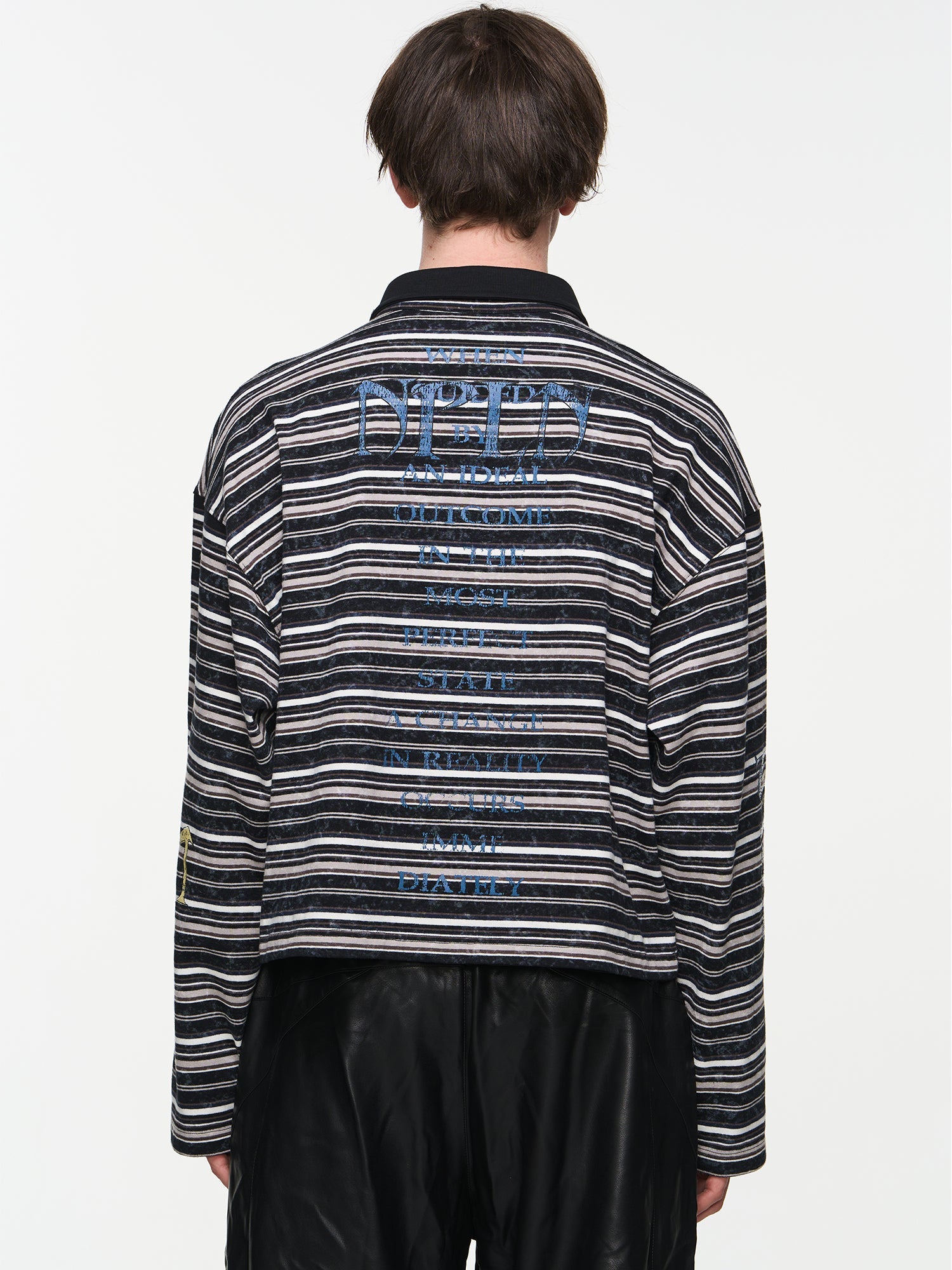 BLIND NO PLAN Washed Distressed Stripe Crackle Print Long Sleeve Polo