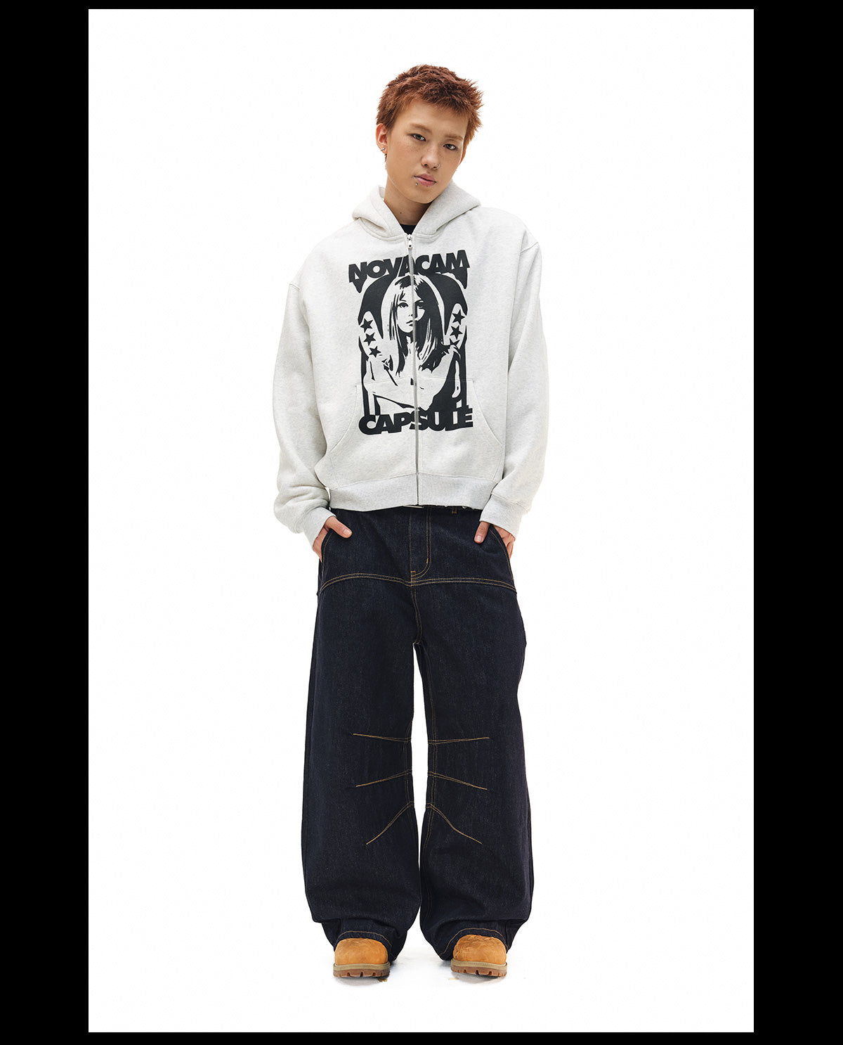 NOVACAM Vintage Print Zip Up Hoodie