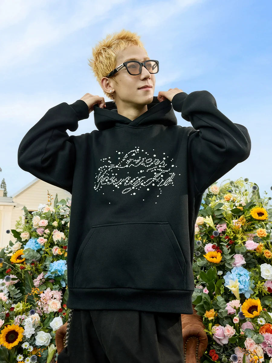 Harsh and Cruel Handwritten Font Pearl Embellished Crafted Hoodie