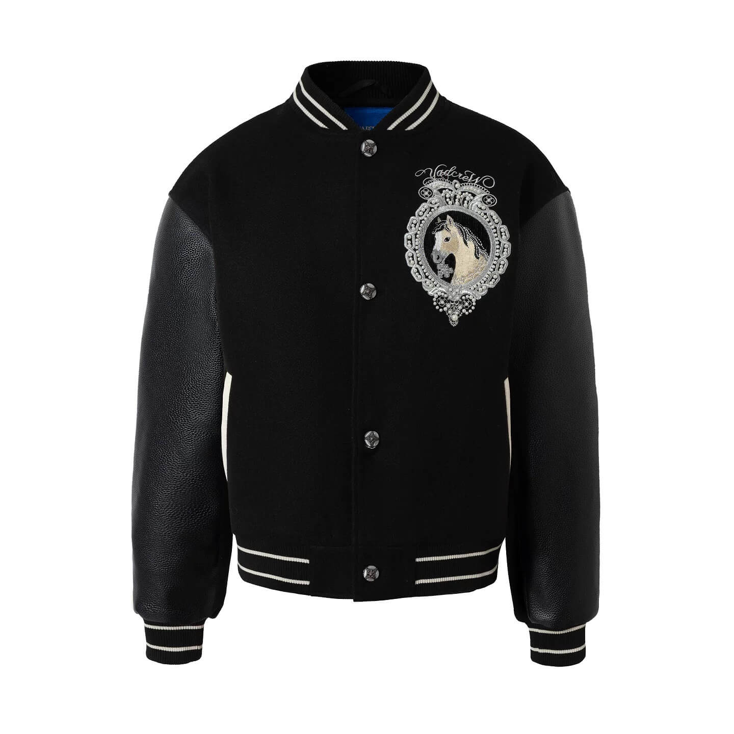 YADcrew Horse Sequin Pearl Embroidered Varsity Jacket