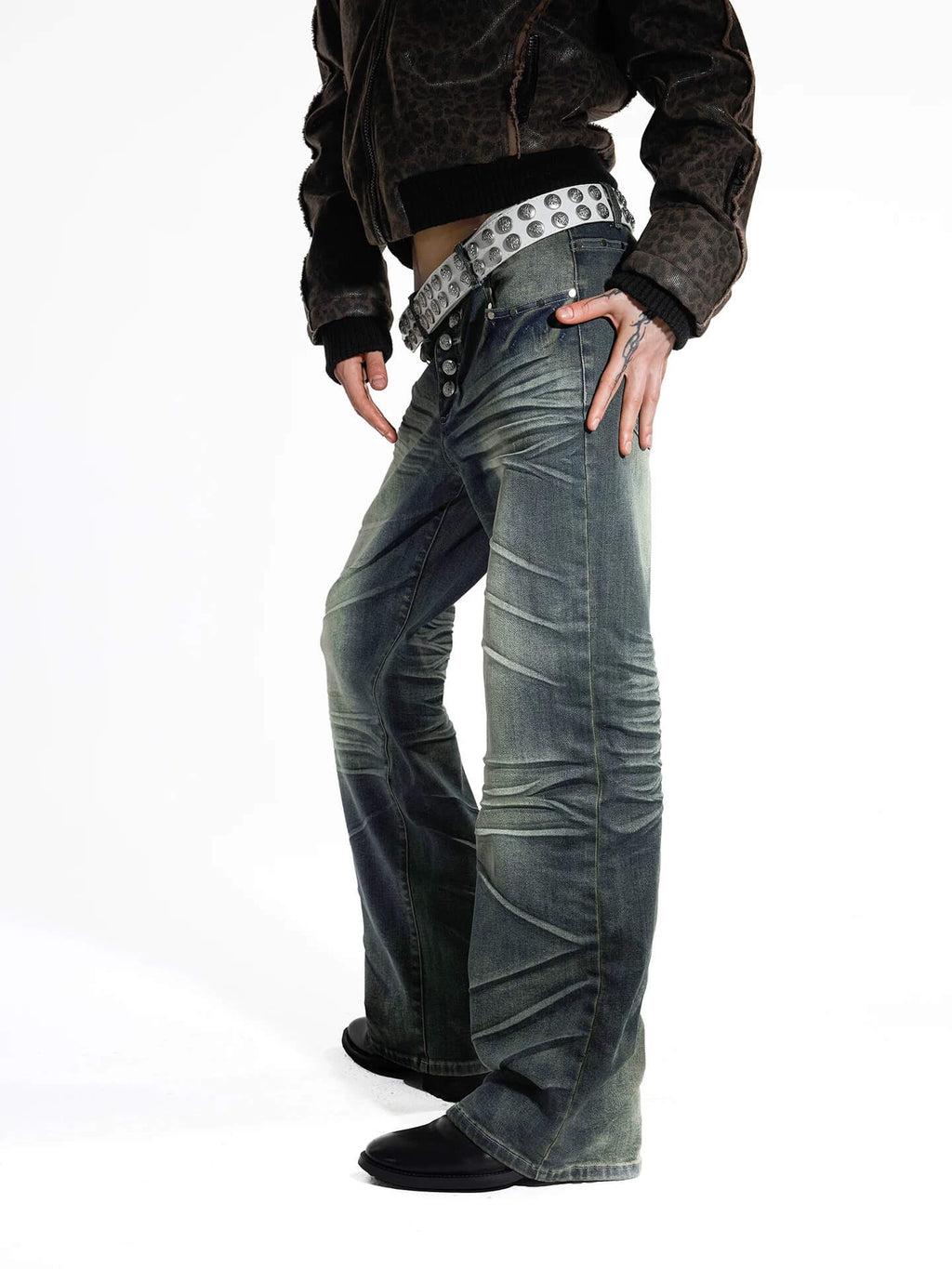 Night Lab Studded Button Fly Whisker Washed Jeans