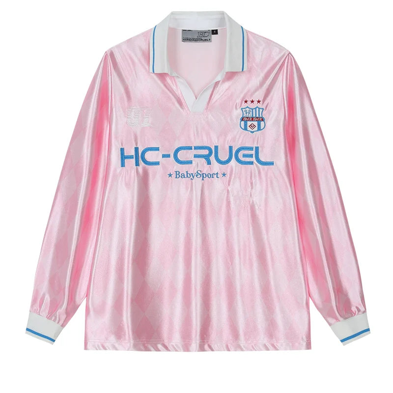Harsh and Cruel Badge Embroidered Plaid Long Sleeve Polo Jersey