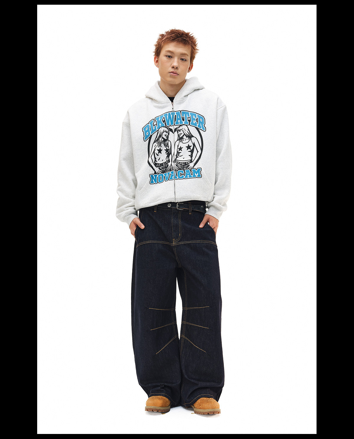 NOVACAM Vintage Print Zip Up Hoodie