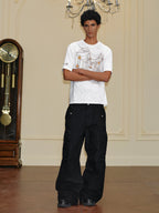 YADcrew Washed Double Pocket Wide Leg Cargo Pants