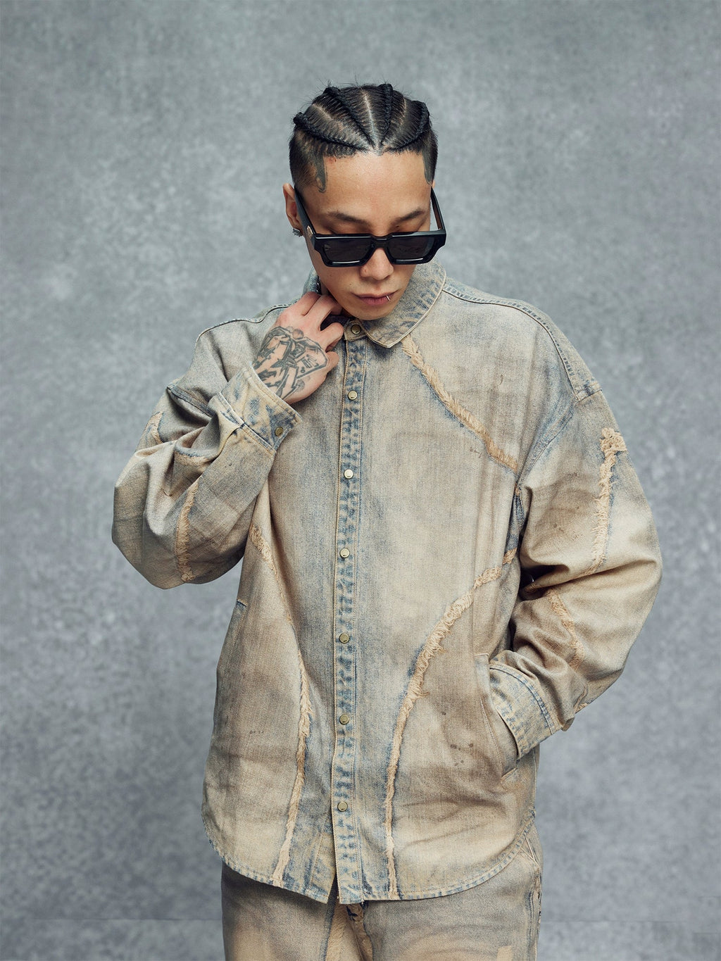 1807 Rust Aged Digital Print Denim Long Sleeve Shirt