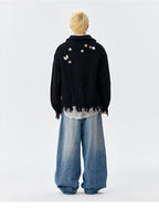 MEDM Frayed Hem Floral Embroidered Knit Cardigan
