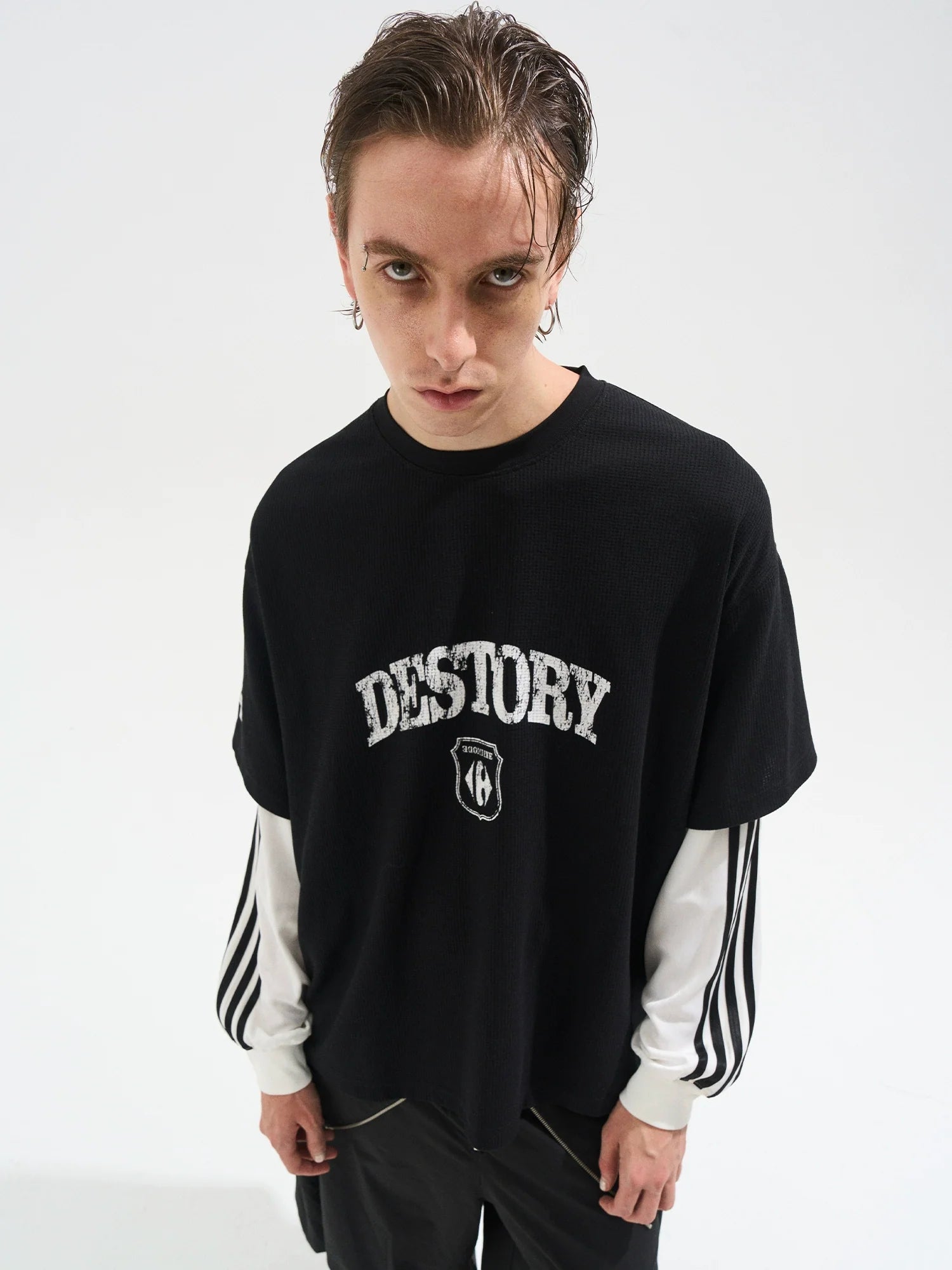 BLIND NO PLAN Layered Waffle and Jersey Long Sleeve Tee
