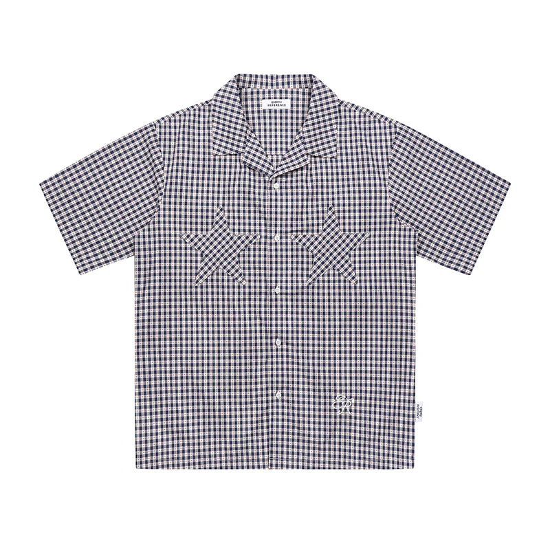 EMPTY REFERENCE Star Pocket Patchwork Plaid Short Sleeve Shirt