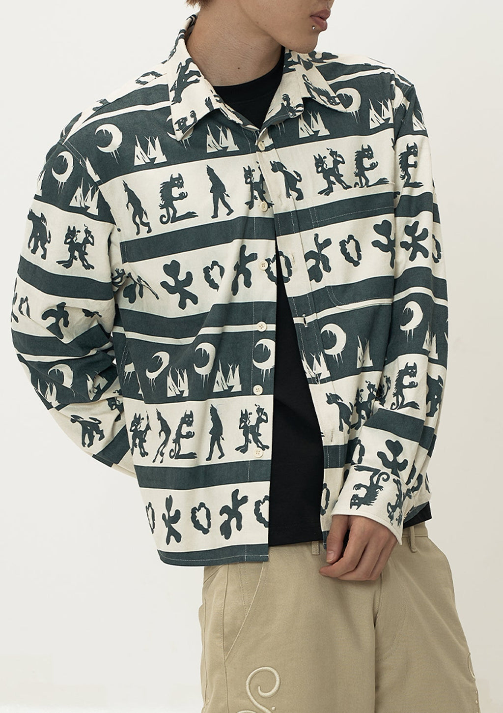 EVILKNIGHT(EK) Ethnic Print Striped Long Sleeve Shirt