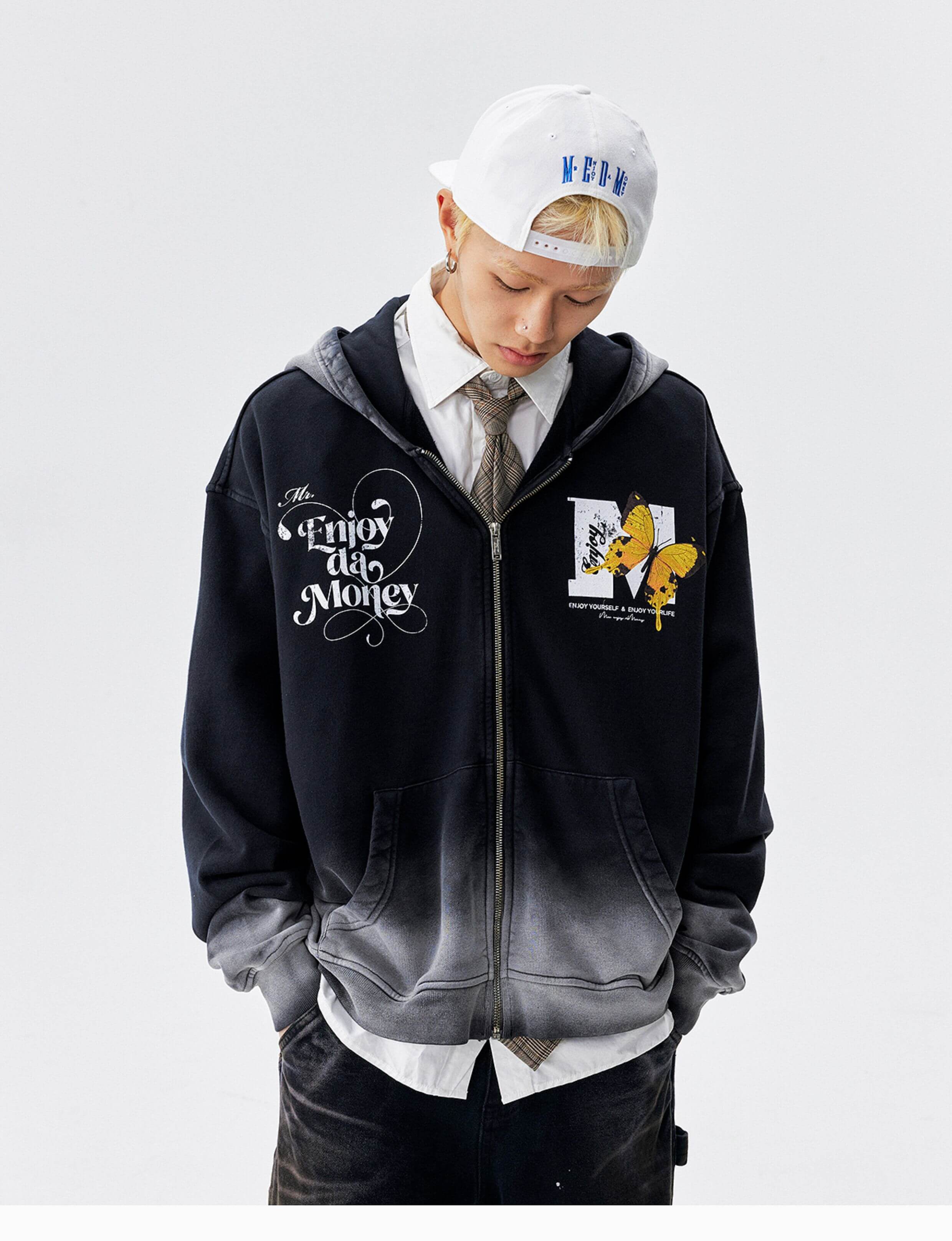 MEDM Washed Angel Butterfly Print Zip Up Hoodie