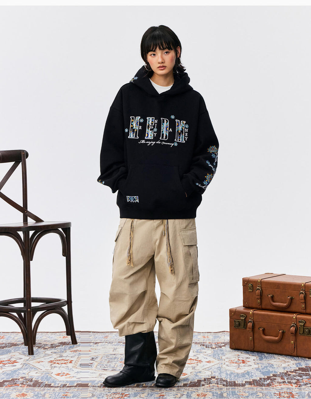 MEDM Ethnic Flower Embroidered Hoodie